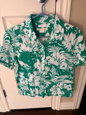 C&C California Green & White Tropical Linen Button-Down Shirt